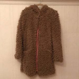 Zara faux fur hooded jacket - tan, size S.